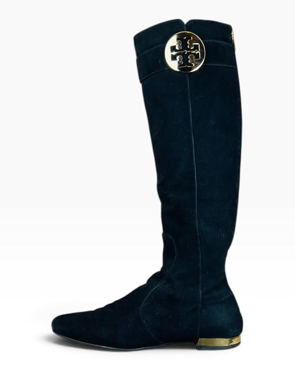 Tory Burch Uma Black Suede Gold Logo Back Zip Knee High Riding Boots 6